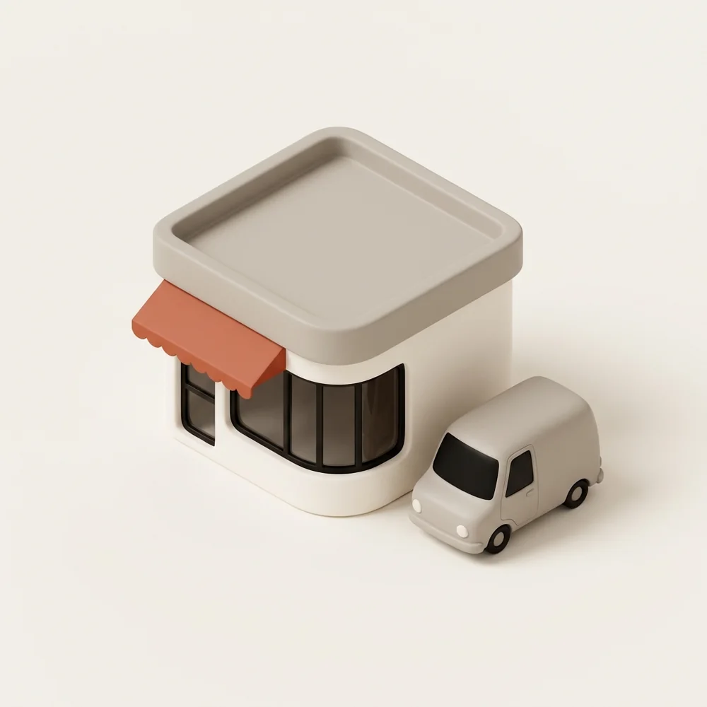 A small corner shop with a clay awning, modelled in matte clay