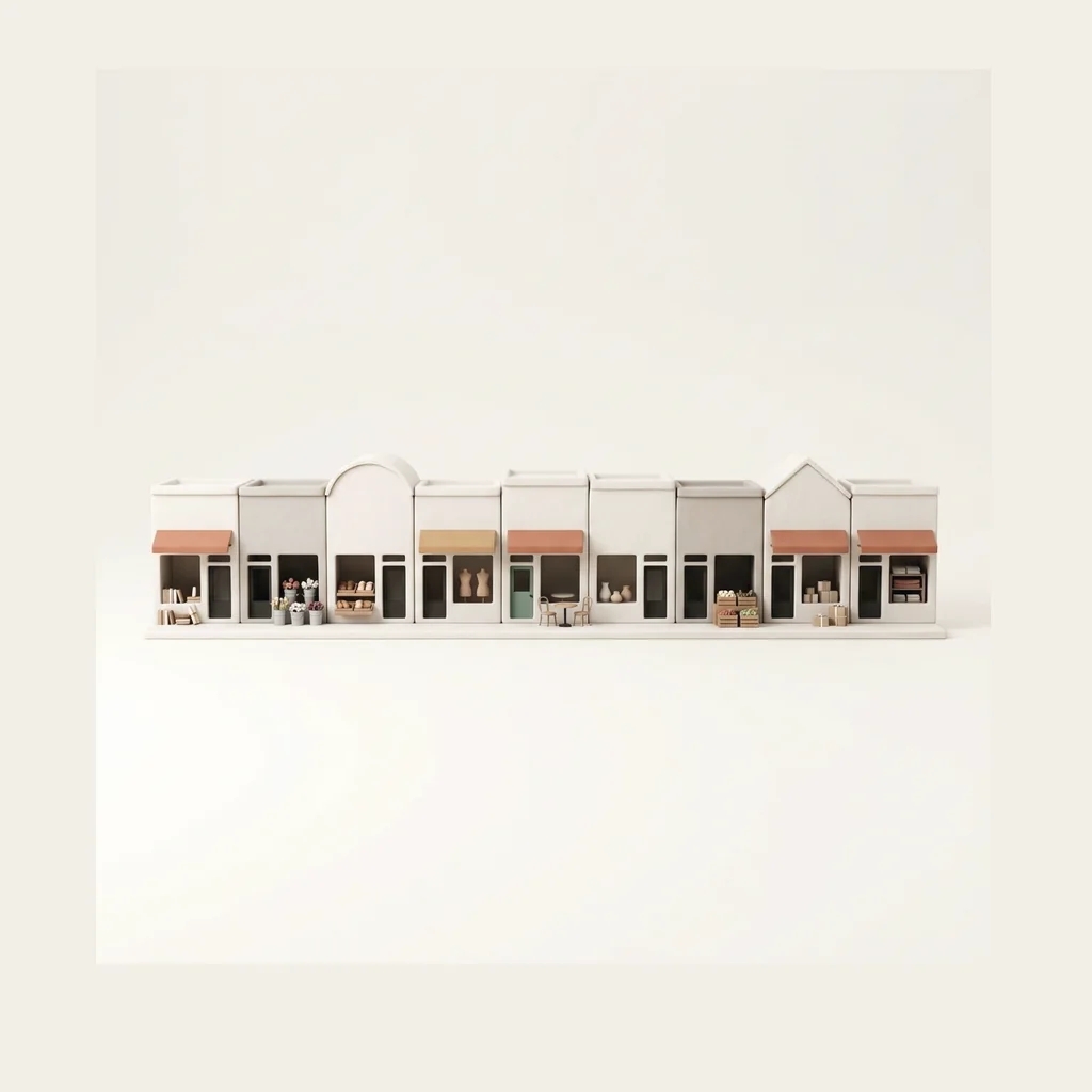 A long row of small independent shops, modelled in matte clay