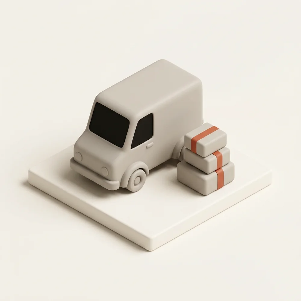 A delivery van beside a stack of parcels